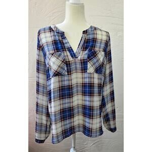 Skies Are Blue Plaid Silky Blouse Woman's Size Medium